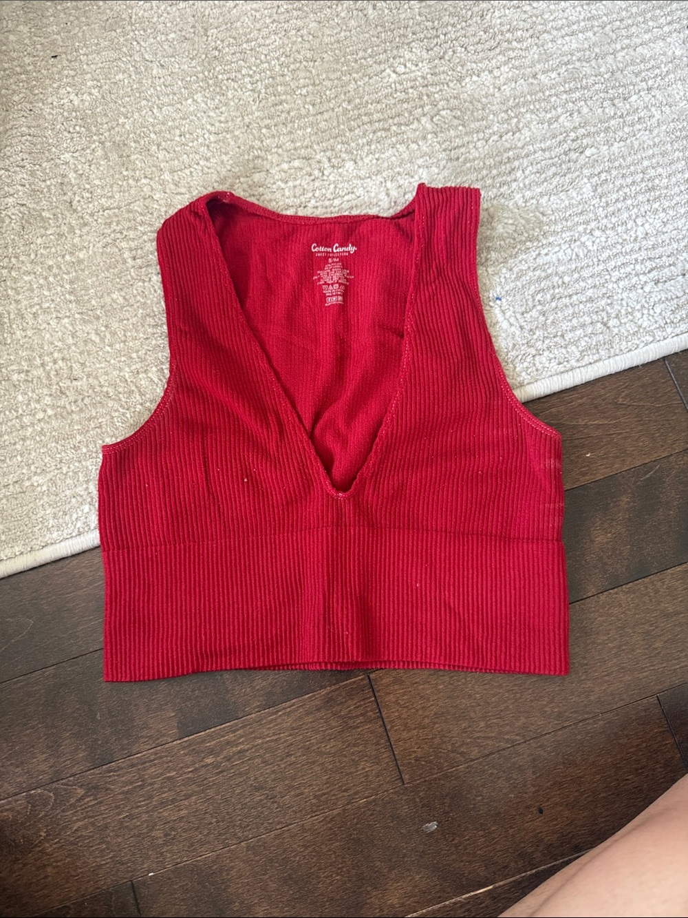 Cotton Candy Bright Red Ribbed V-Neck Crop Top